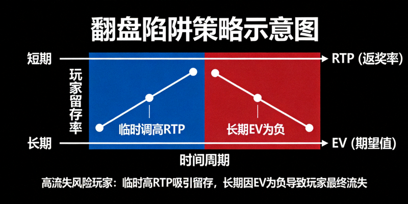 翻盘陷阱策略示意图：图表显示高流失风险玩家临时调高RTP但长期EV为负
