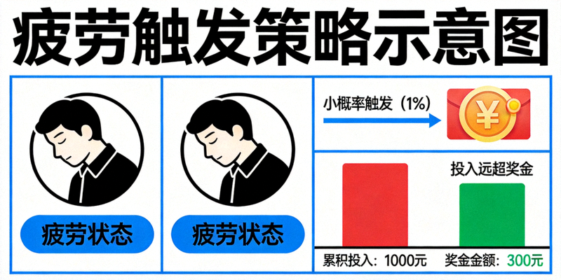 疲劳触发策略示意图：显示疲劳状态下触发小概率大奖但累积投入远超奖金
